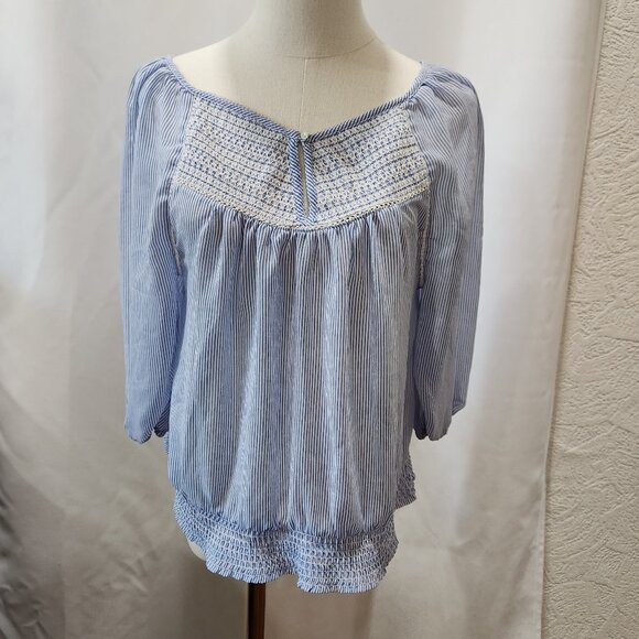 Abercrombie & Fitch Blue striped dainty long puff sleeve blouse top - Picture 1 of 6